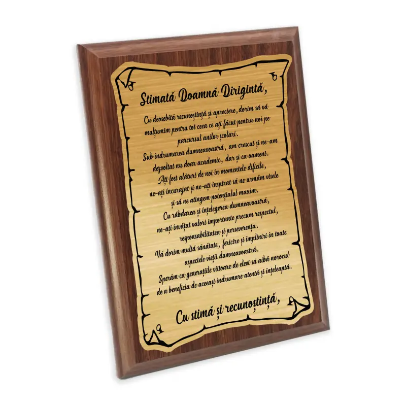 Stimata doamna diriginte, placheta lemn personalizata prin gravura